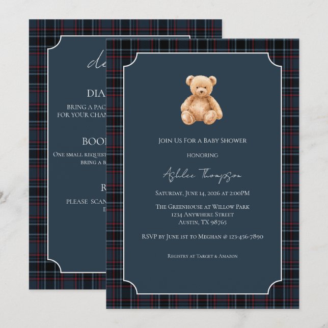 Convite Preppy Classic Teddy Bear Baby Shower (Frente/Verso)