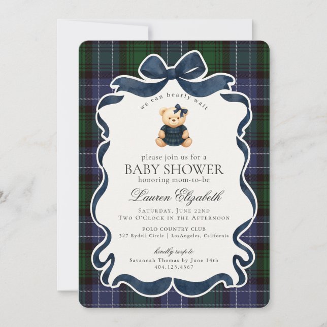 Convite Preppy Coquette Bow Bear Tartan Plaid Baby Shower (Frente)