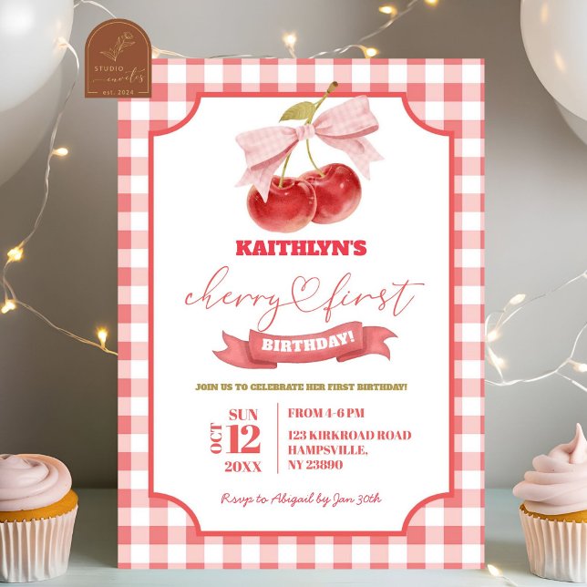 Convite Preppy Coquette Cherry No Primeiro Aniversário (Criador carregado)