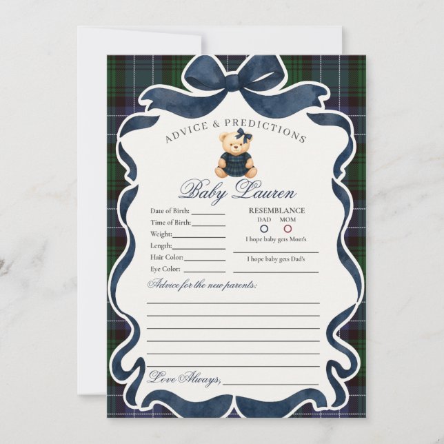 Convite Preppy Coquette Laço Urso Menina Conselho para Beb (Frente)