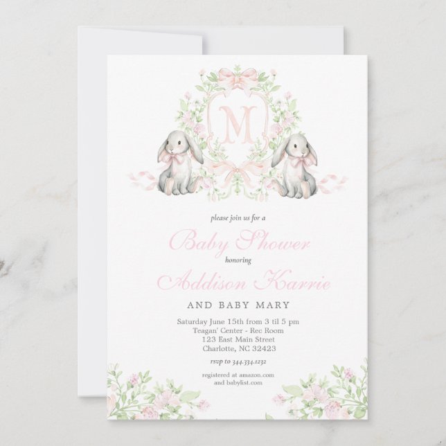 Convite Preppy Crest bunny Baby Shower Invitation (Frente)