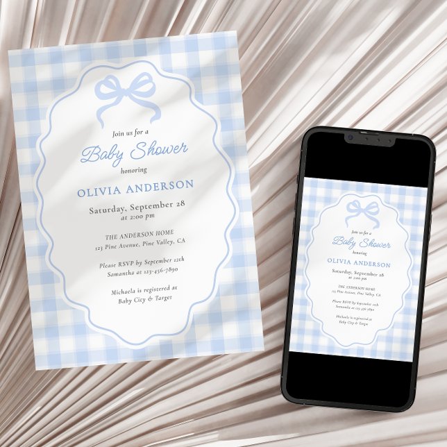 Convite Preppy Doodle Frame Blue Gingham & Bow Baby Shower (Criador carregado)