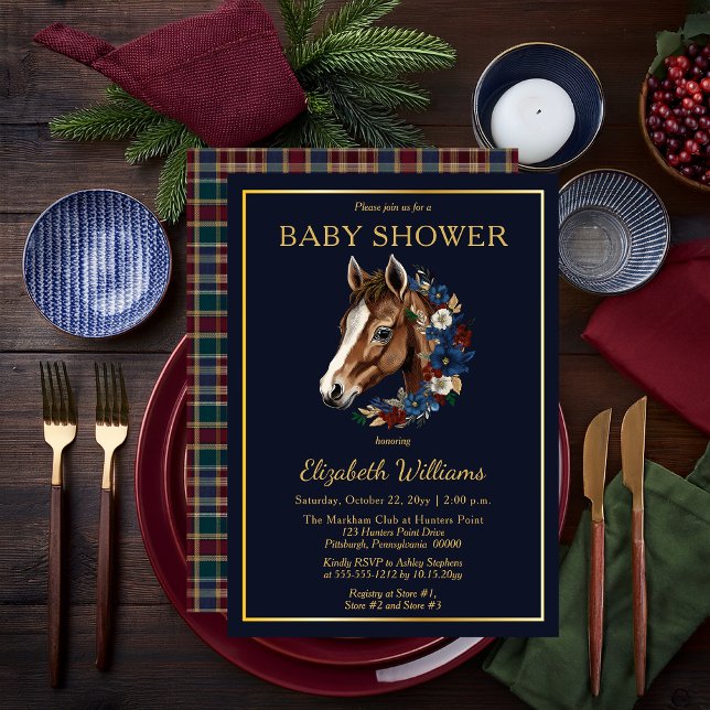 Convite Preppy Equestrian Foal | Chá de fraldas xadrez (Charming Classic Preppy Equestrian Foal and Floral Wreath | Plaid Background Boy Baby Shower Invite)
