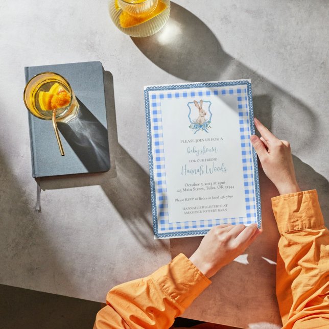 Convite Preppy Gingham Bunny Chá de fraldas (Criador carregado)