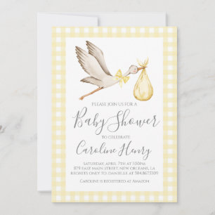 Convite Preppy Gingham Neutral Yellow do Chá de fraldas de