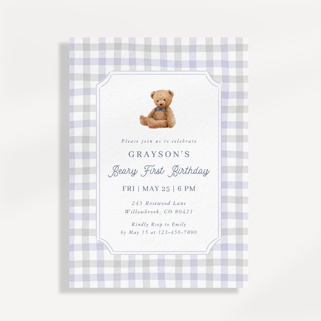 Convite Preppy Gingham Teddy Bear Beary First Birthday (Criador carregado)