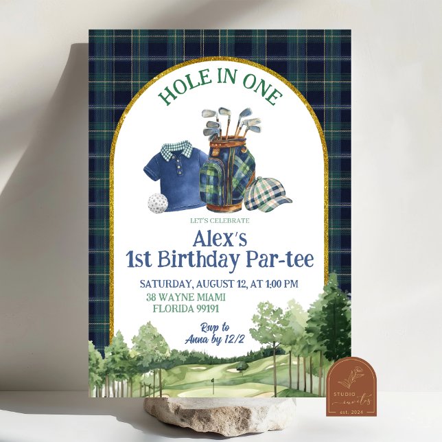 Convite Preppy Golf Hole in One First Birthday Invitation (Criador carregado)