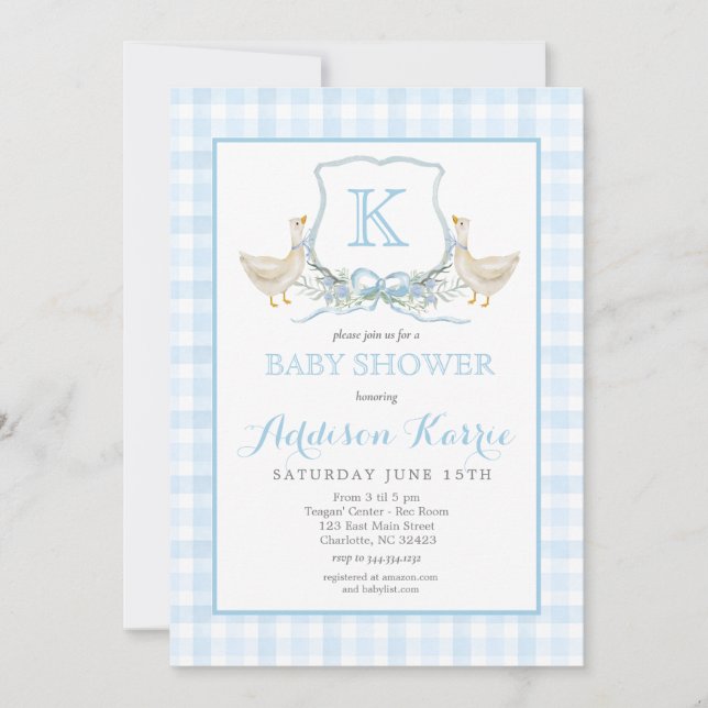 Convite Preppy Goose Blue Gingham Baby Shower Invitation (Frente)