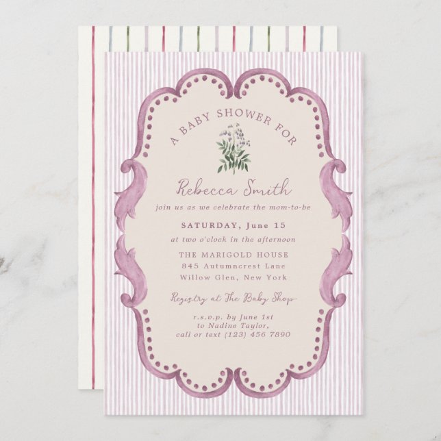 Convite Preppy Grandmillennial Pink Girl Baby Shower (Frente/Verso)