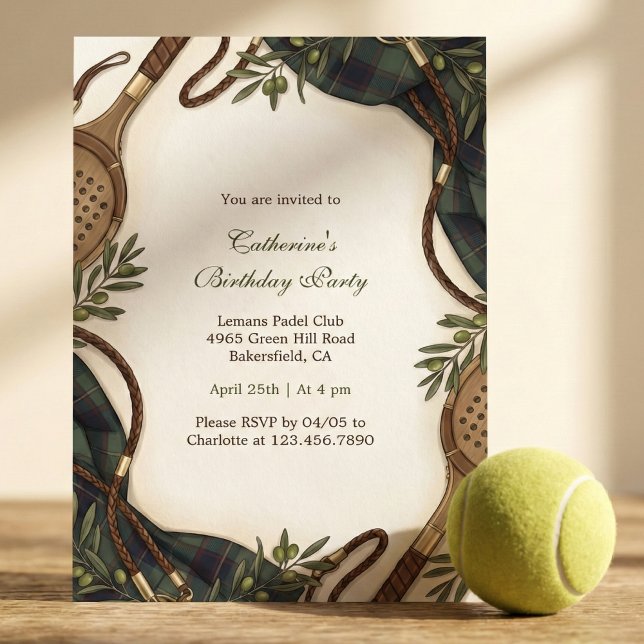 Convite Preppy Padel Club Tartan Birthday Party (Watercolor padel tennis birthday party invitation)