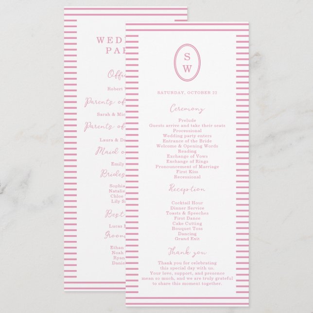 Convite Preppy Peony Pink Chic Wedding Program Card (Frente/Verso)