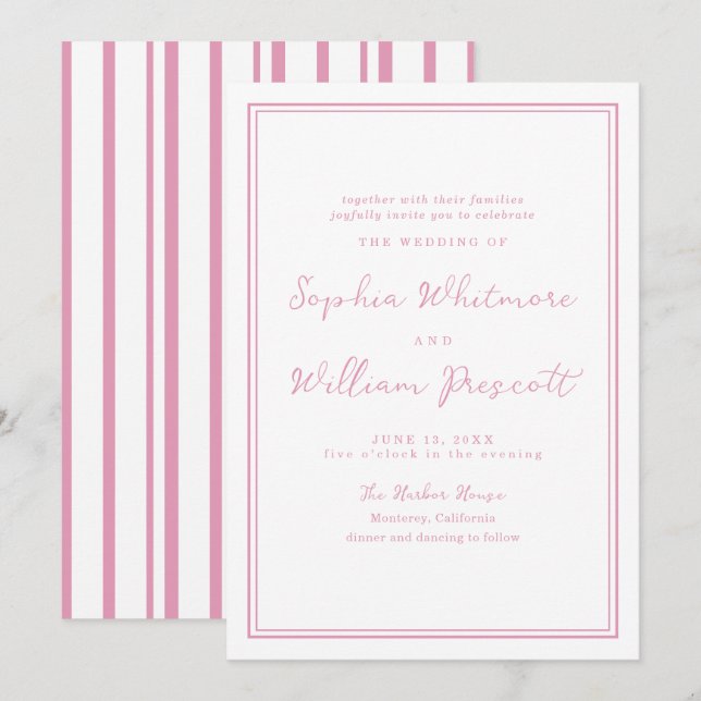 Convite Preppy Peony Pink Striped Wedding Invitation (Frente/Verso)