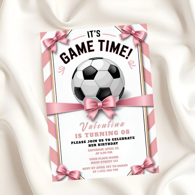 Convite Preppy Pink Bow Girl Soccer Game Time Birthday (Criador carregado)