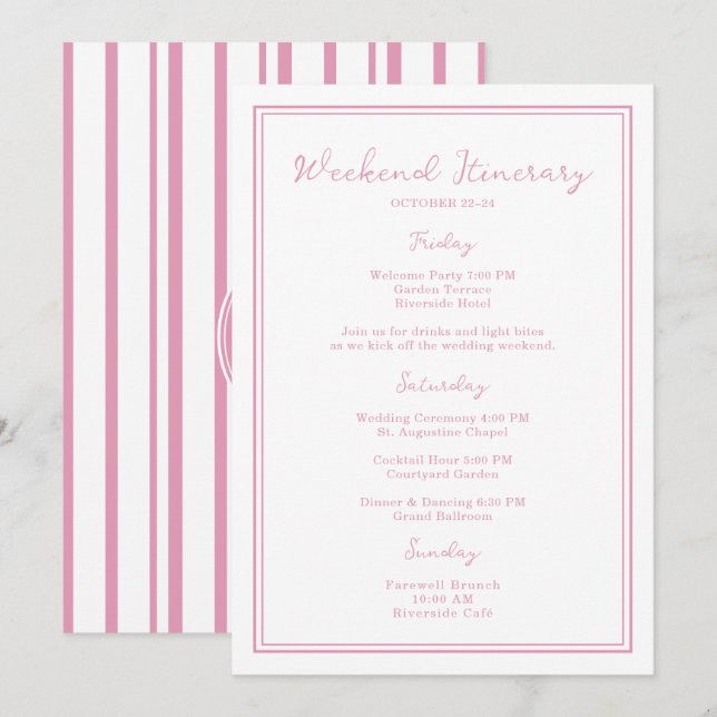 Convite Preppy Pink Chic Wedding Weekend Itinerary Card (Frente/Verso)