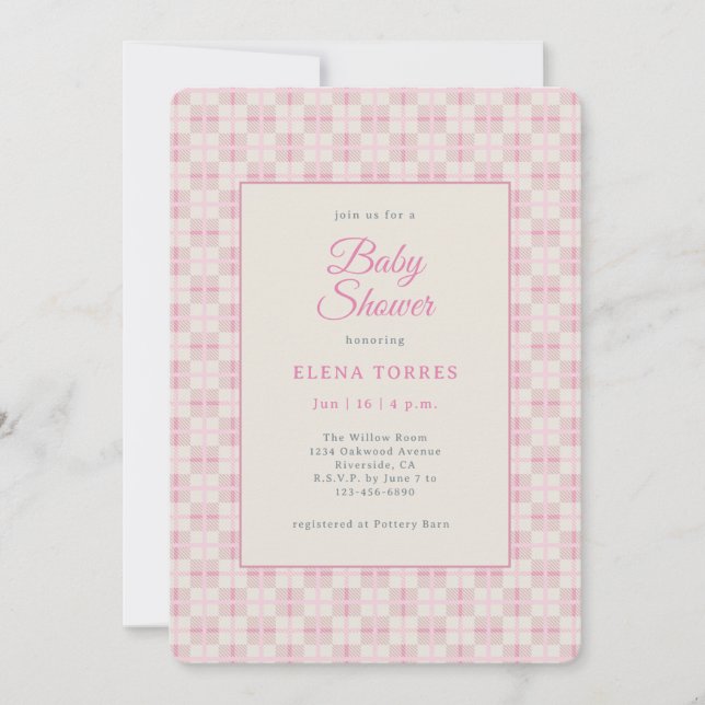 Convite Preppy Pink Plaid Baby Shower Invitation (Frente)