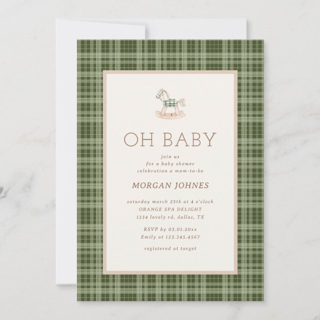 Convite Preppy Plaid Rocking Horse Baby Shower (Frente)