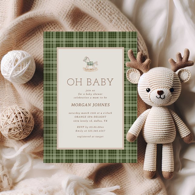 Convite Preppy Plaid Rocking Horse Baby Shower (Criador carregado)