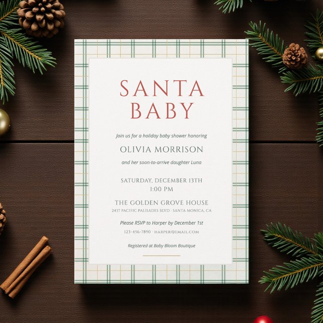 Convite Preppy Plaid Santa Baby Shower (Criador carregado)