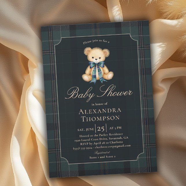 Convite Preppy Plaid Tartan Teddy Bear Bow Boy Baby Shower (preppy baby shower invitation teddy bear tartan plaid bow elegant country club modern classic chic)
