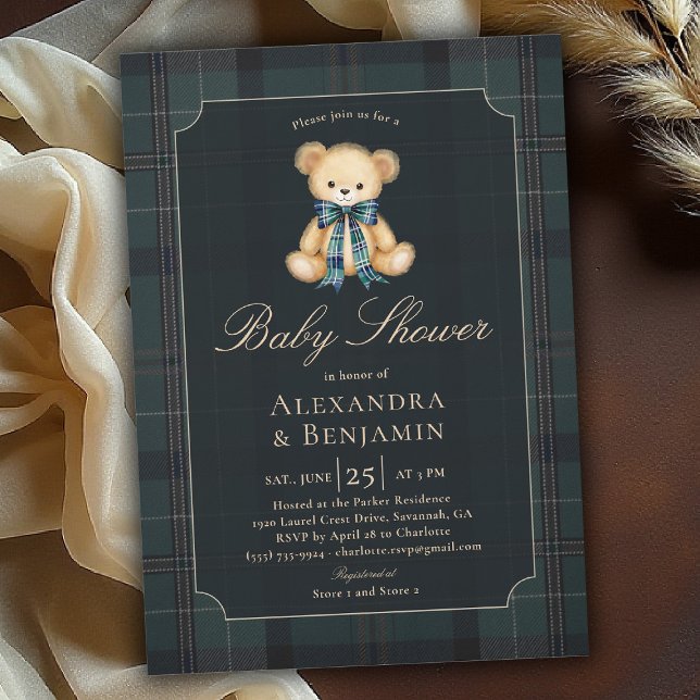 Convite Preppy Plaid Tartan Teddy Bow Coed Boy Baby Shower (preppy baby shower invitation teddy bear tartan plaid bow elegant country club modern classic coed)