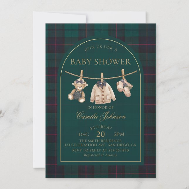 Convite Preppy Plaid Teddy Bear Baby Shower Invitation (Frente)