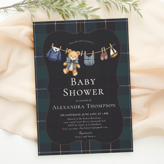 Convite Preppy Plaid Teddy Bow Clothesline Boy Baby Shower (preppy baby shower invitation teddy bear blue plaid bow elegant country club clothesline)