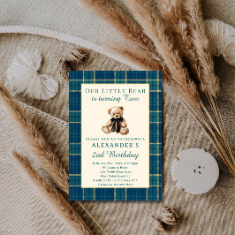 Convite Preppy Plaid Vintage Teddy Bear Boy 2nd Birthday