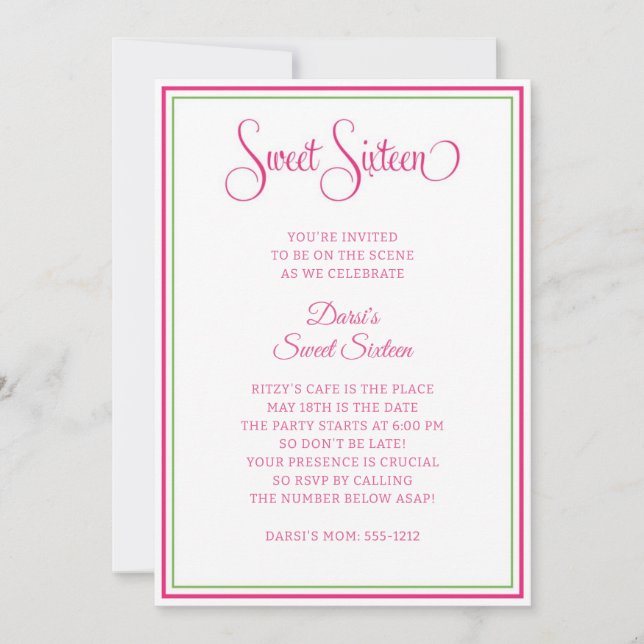 Convite Preppy Rosa Verde Sweet Sixteen (Frente)