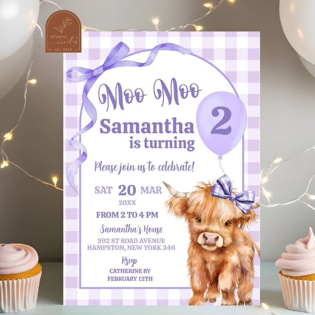 Convite Preppy Roxo Moo Moo Vaca Sagrada 2º Aniversário (Criador carregado)