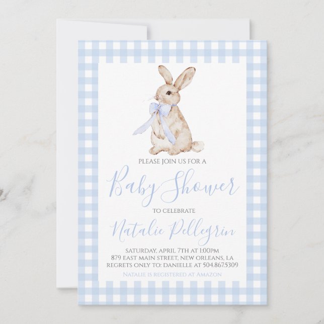 Convite Preppy Southern Blue Gingham Bunny Chá de fraldas (Frente)