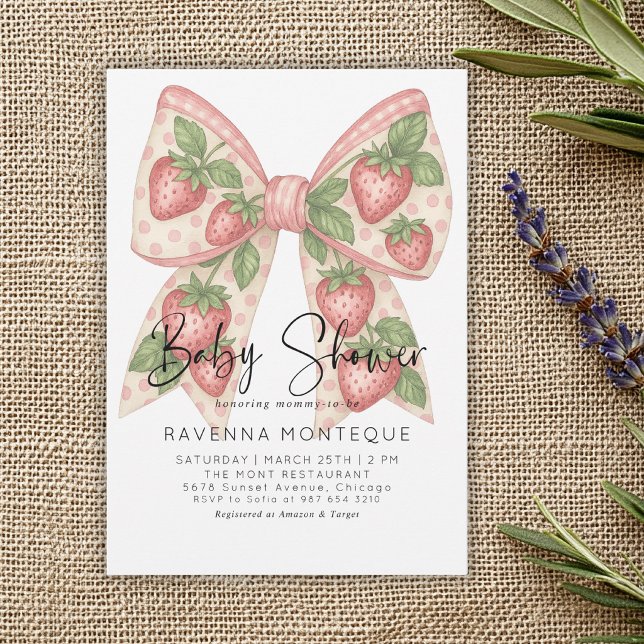 Convite Preppy Strawberry Bow Personalized Baby Shower  (Criador carregado)