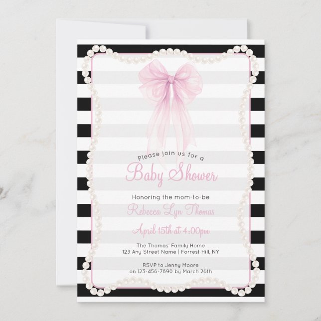 Convite Preppy Stripes Pink Bow Pearls Baby Shower (Frente)