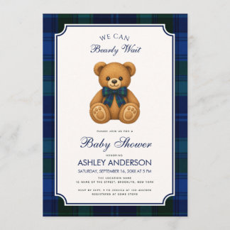 Convite Preppy Teddy Bear Baby Shower Bearly Wait Plaid