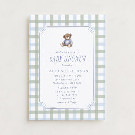Convite Preppy Teddy Bear Blue and Sage Plaid Baby Shower 