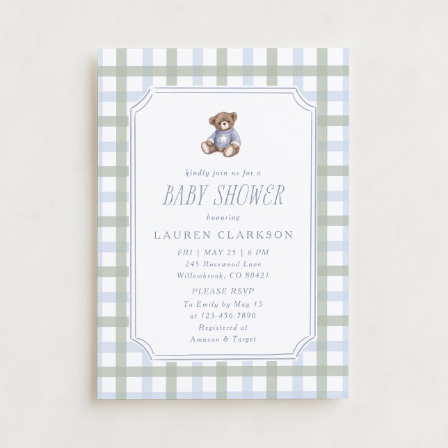 Convite Preppy Teddy Bear Blue and Sage Plaid Baby Shower  (Criador carregado)