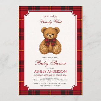 Convite Preppy Teddy Bear Girl Baby Shower Red Black Plaid