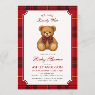 Convite Preppy Teddy Bear Girl Baby Shower Red Black Plaid