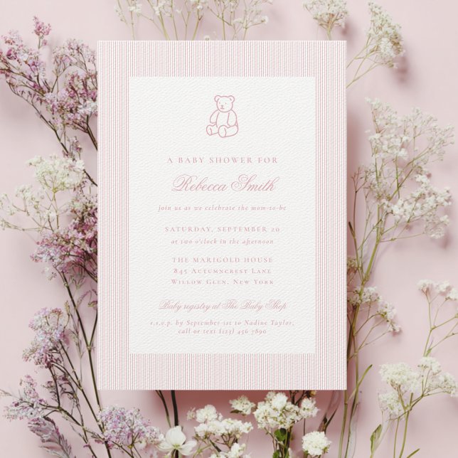 Convite Preppy Teddy Bear Pink Girl Elegant Baby Shower (Criador carregado)