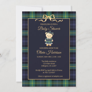 Convite Preppy Teddy Bear Plaid Baby Shower Invitation