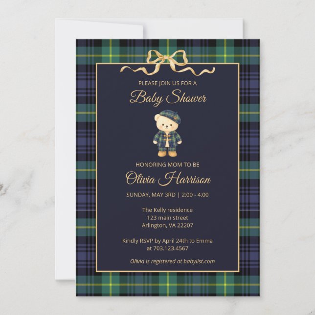 Convite Preppy Teddy Bear Plaid Baby Shower Invitation (Frente)
