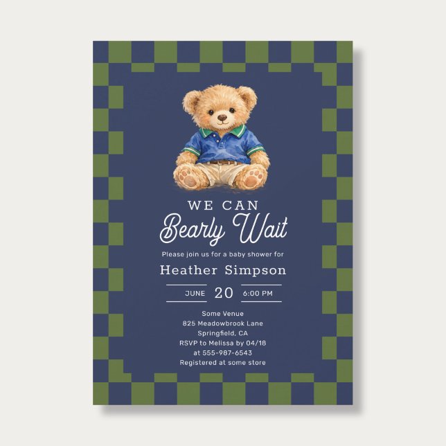Convite Preppy Teddy Bearly Wait Checkboard Baby Shower (Criador carregado)