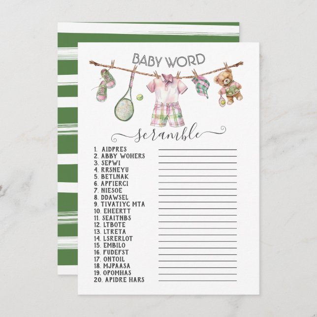 Convite Preppy Tênis Clothesline Baby Word Scramble (Frente/Verso)