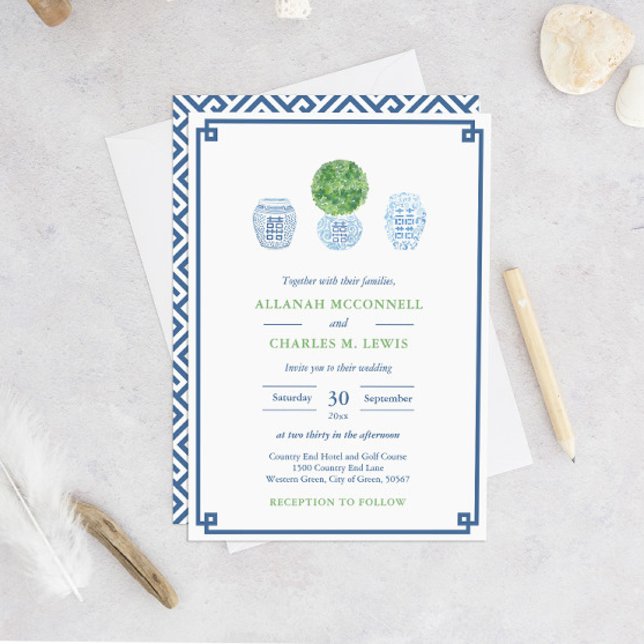 Convite Preppy Verde e Azul Caixa de Buxo Pintada à Mão pa (Smart Navy Blue And Green Greek Key Boxwood Wedding Invitation)