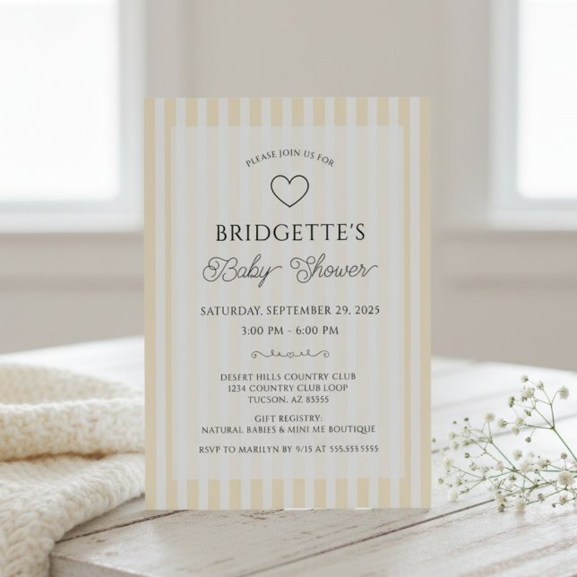 Convite Preppy Yellow White Stripes Baby Shower (elegant chic butter yellow and white stripes preppy baby shower invitations)