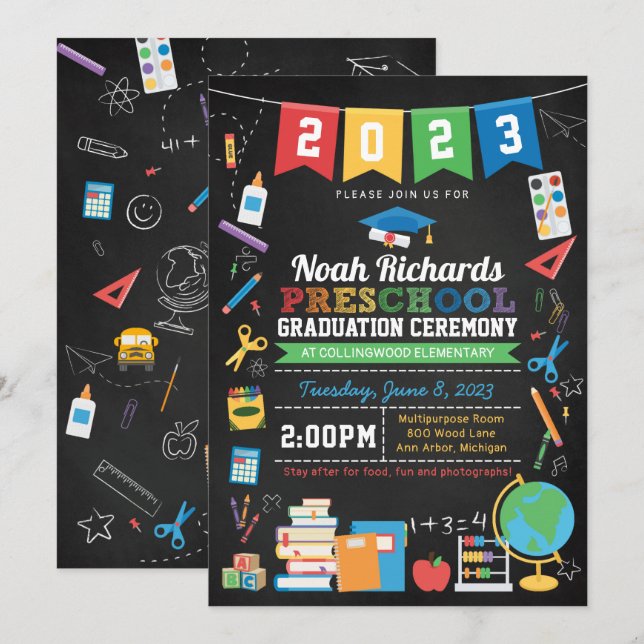 Convite Preschool Graduation Bunting & Chalkboard (Frente/Verso)