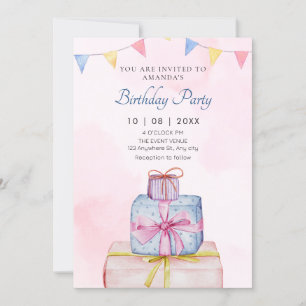 Convite Presente aniversário azul-rosa pastel