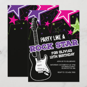 Convite Presente de aniversário de guitarra rosa roxa Rock