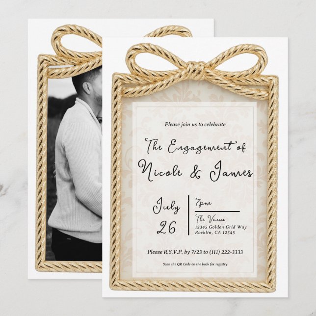 Convite Presente de Arco de Ouro Foto de Engajamento Prese (Frente/Verso)