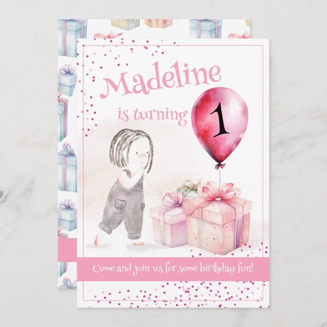 Convite Presente de Balão Rosa, primeiro aniversario-, Cut (Frente/Verso)