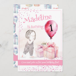 Convite Presente de Balão Rosa, primeiro aniversario-, Cut